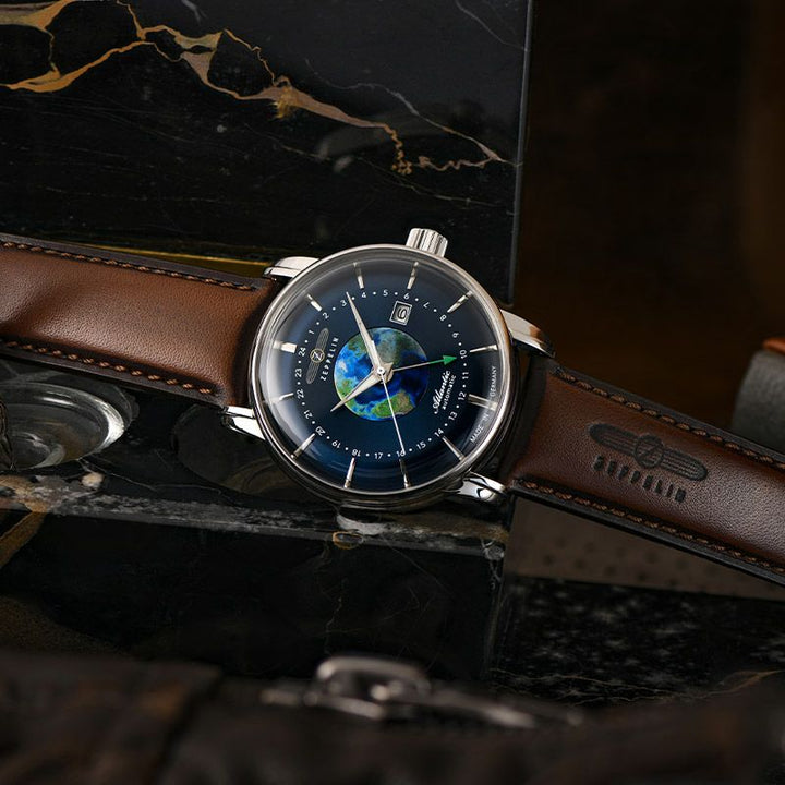 ツェッペリン ATLANTIC アトランティック GMT 8468-3 メンズ 腕時計 自動巻き 機械式 革ベルト ブループラネット 地球