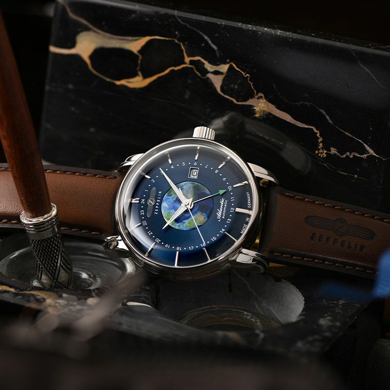 ツェッペリン ATLANTIC アトランティック GMT 8468-3 メンズ 腕時計 自動巻き 機械式 革ベルト ブループラネット 地球