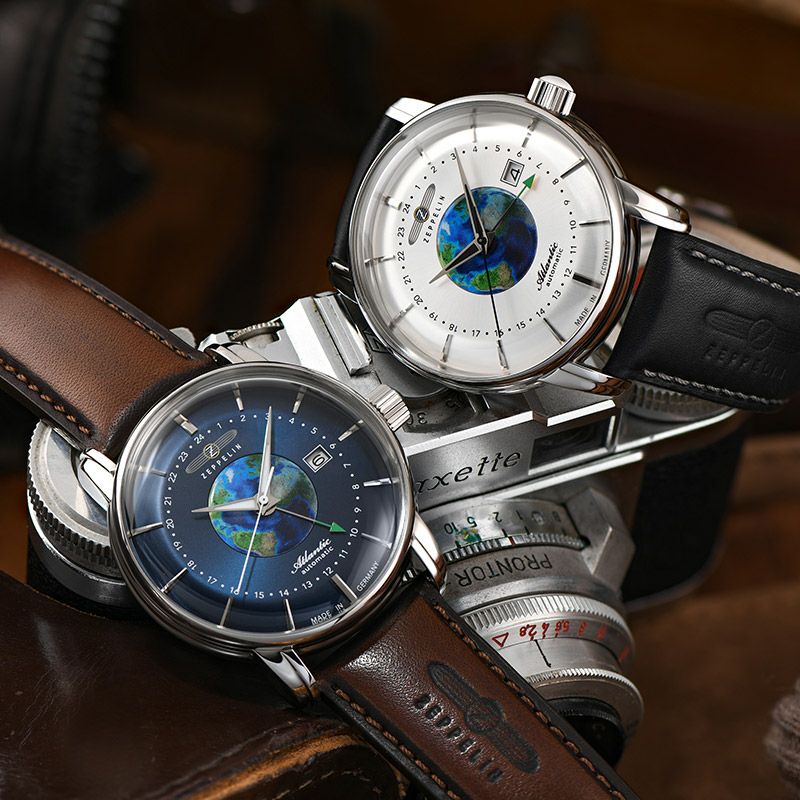 ツェッペリン ATLANTIC アトランティック GMT 8468-3 メンズ 腕時計 自動巻き 機械式 革ベルト ブループラネット 地球
