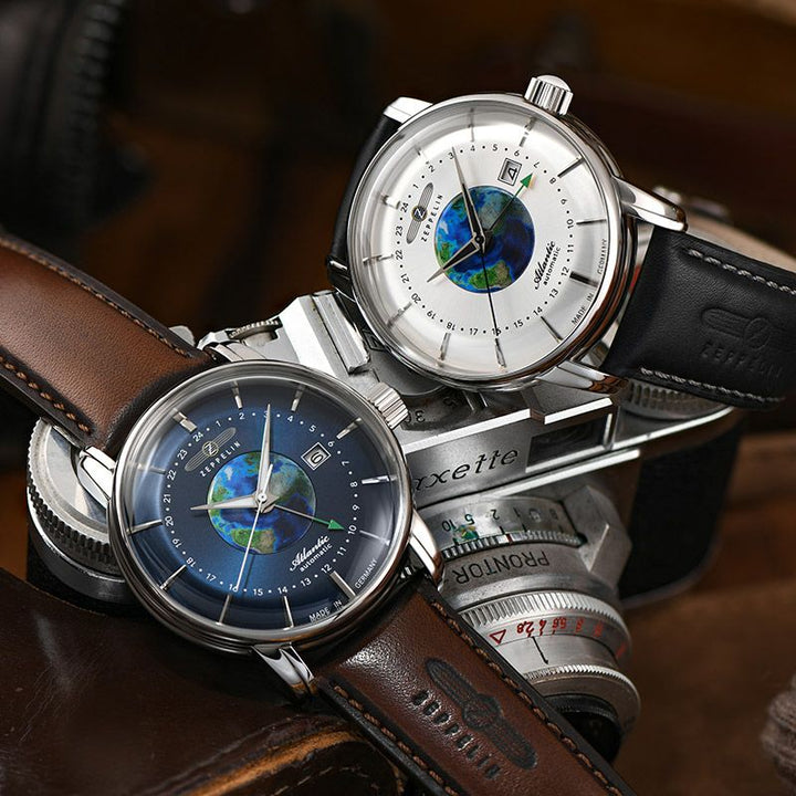 ツェッペリン ATLANTIC アトランティック GMT 8468-3 メンズ 腕時計 自動巻き 機械式 革ベルト ブループラネット 地球