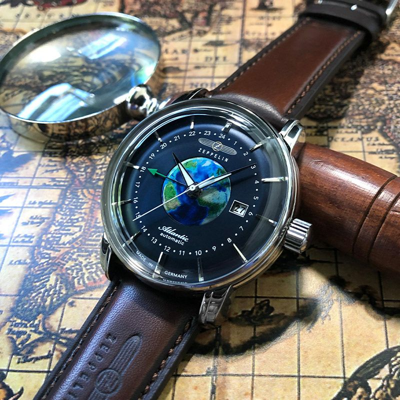 ツェッペリン ATLANTIC アトランティック GMT 8468-3 メンズ 腕時計 自動巻き 機械式 革ベルト ブループラネット 地球