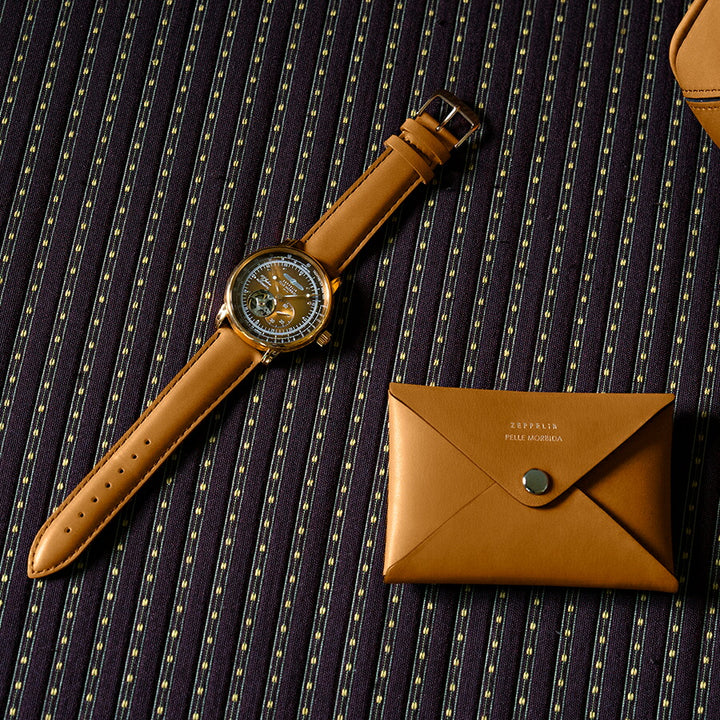 ツェッペリン 100周年記念シリーズ PELLE MORBIDA コラボレーション 日本限定モデル 7662-9 メンズ オートマチック オープンハート タンカラー 革ベルト