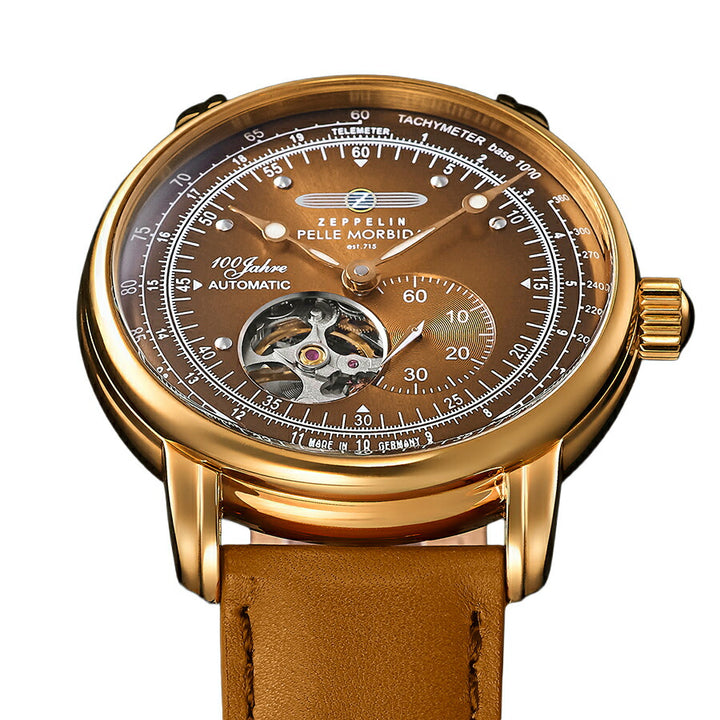 ツェッペリン 100周年記念シリーズ PELLE MORBIDA コラボレーション 日本限定モデル 7662-9 メンズ オートマチック オープンハート タンカラー 革ベルト