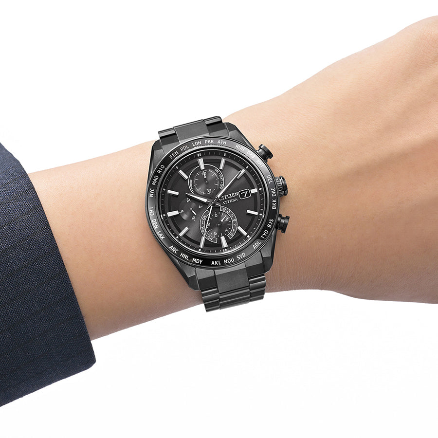 シチズン アテッサ ACT Line アクトライン ブラックチタンシリーズ サファイアベゼル AT8294-59E メンズ ソーラー 電波 クロノグラフ