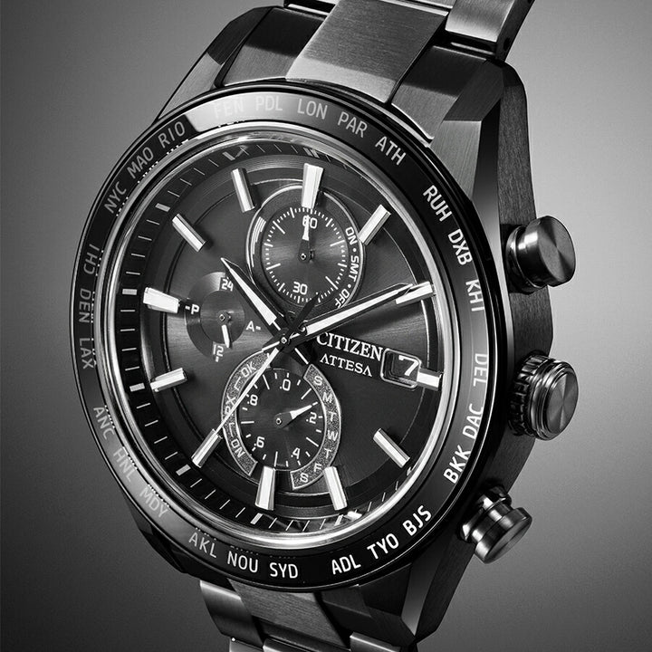 シチズン アテッサ ACT Line アクトライン ブラックチタンシリーズ サファイアベゼル AT8294-59E メンズ ソーラー 電波 クロノグラフ