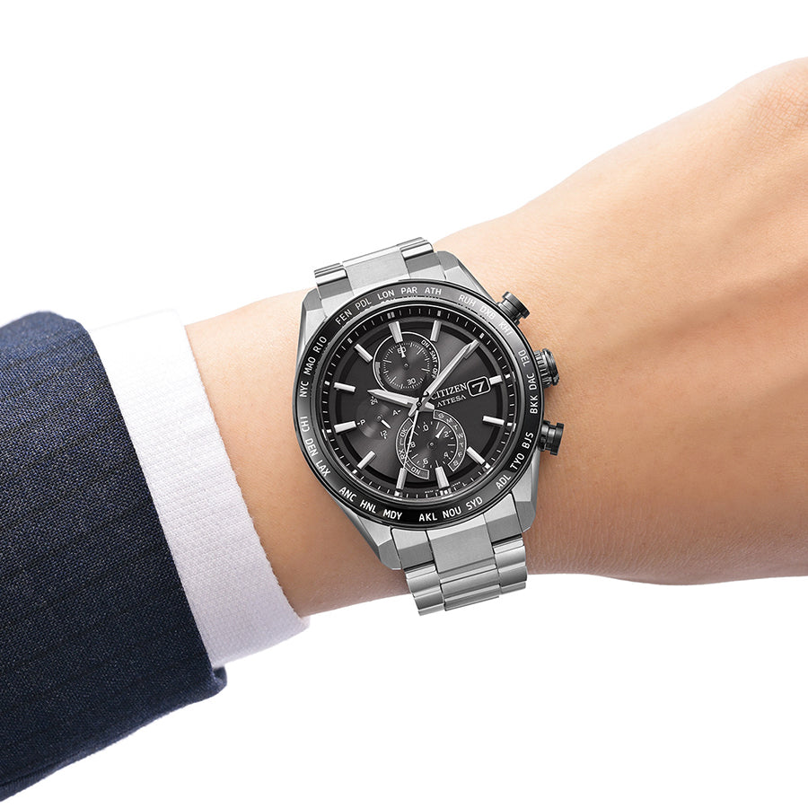 シチズン アテッサ ACT Line アクトライン サファイアベゼル AT8295-56E メンズ ソーラー 電波 クロノグラフ ブラックダイヤル
