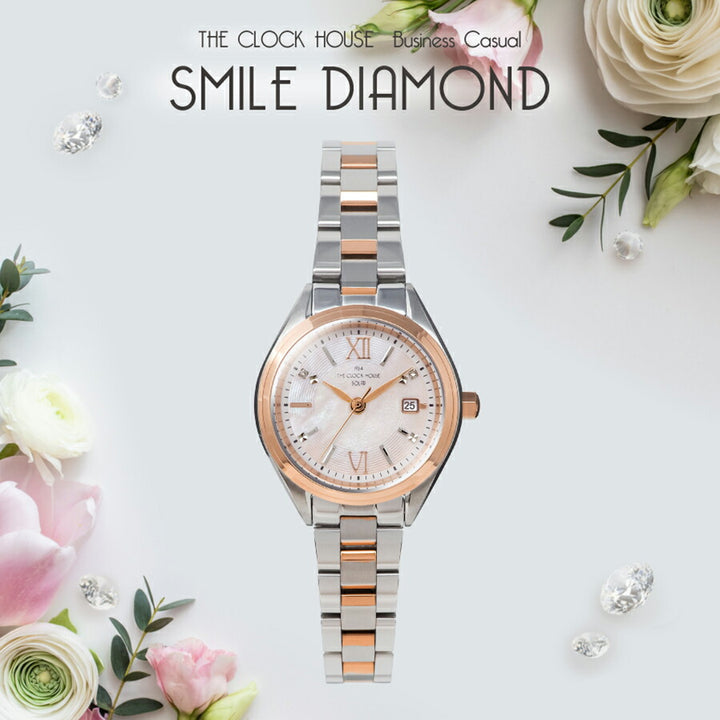 ザ・クロックハウス ビジネスカジュアル スマイルダイヤモンド LBC1008-PK1A レディース ソーラー 3針 ピンクダイヤル コンビ