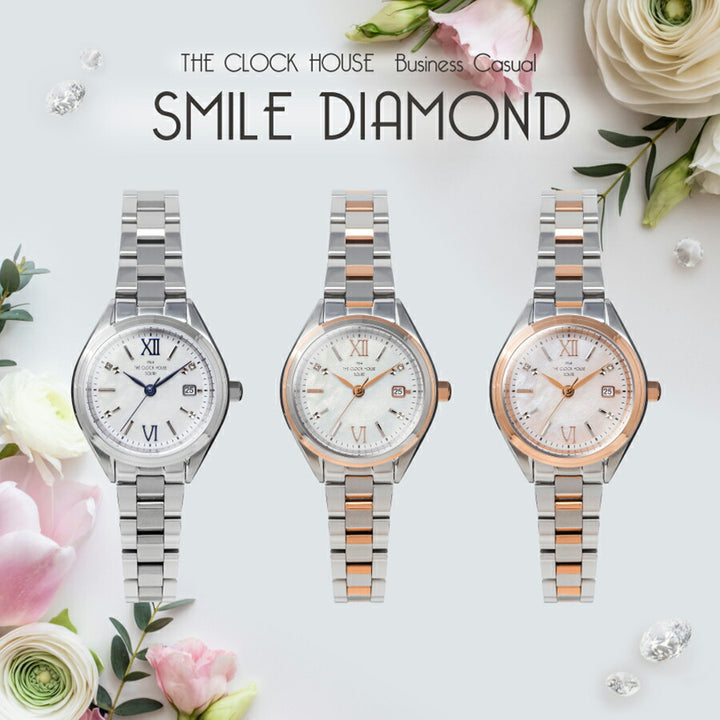 ザ・クロックハウス ビジネスカジュアル スマイルダイヤモンド LBC1008-PK1A レディース ソーラー 3針 ピンクダイヤル コンビ