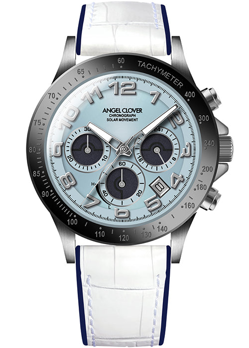 エンジェルクローバー LUCE SOLAR ルーチェ ソーラー LUS44SBU-WH メンズ 腕時計 ブルーダイヤル ホワイト 革ベルト セラミックベゼル