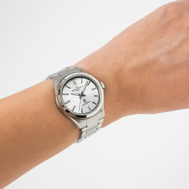 ザ・クロックハウス エッジ ソーラー 3針 ストライプ MBC1009-SI1A メンズ ビジネス カジュアル シルバーダイヤル