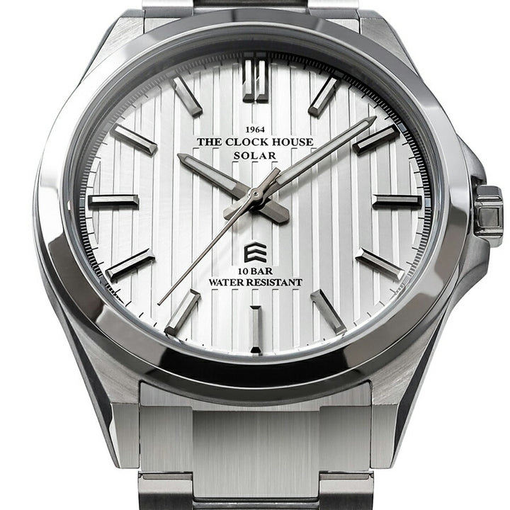 ザ・クロックハウス エッジ ソーラー 3針 ストライプ MBC1009-SI1A メンズ ビジネス カジュアル シルバーダイヤル
