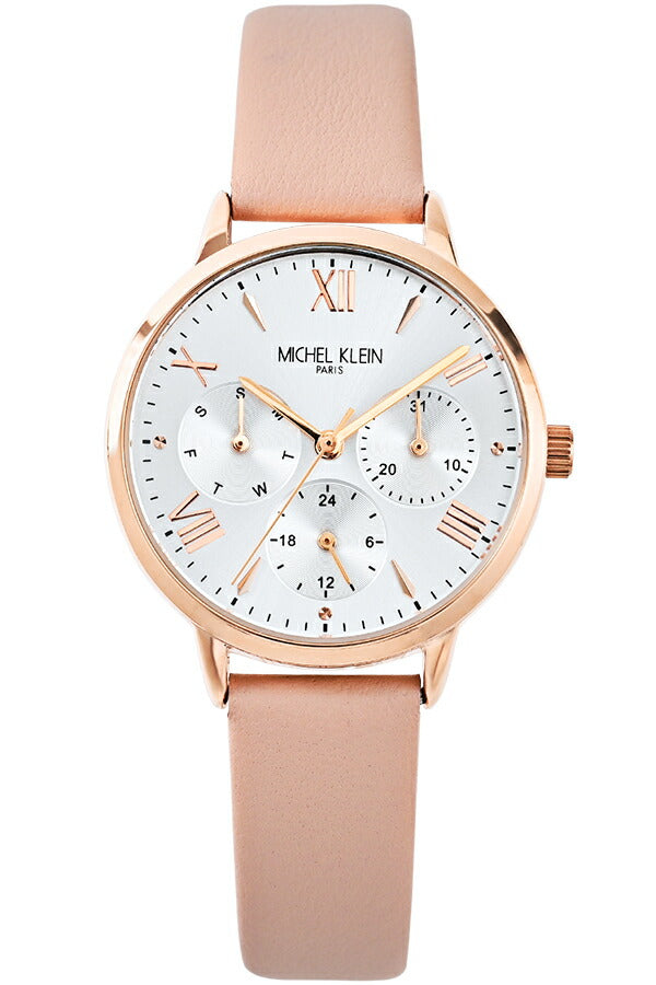 ミッシェルクラン マルチファンクション MK16034-SI レディース クオーツ 電池式 シルバーホワイトダイヤル ピンク 革ベルト