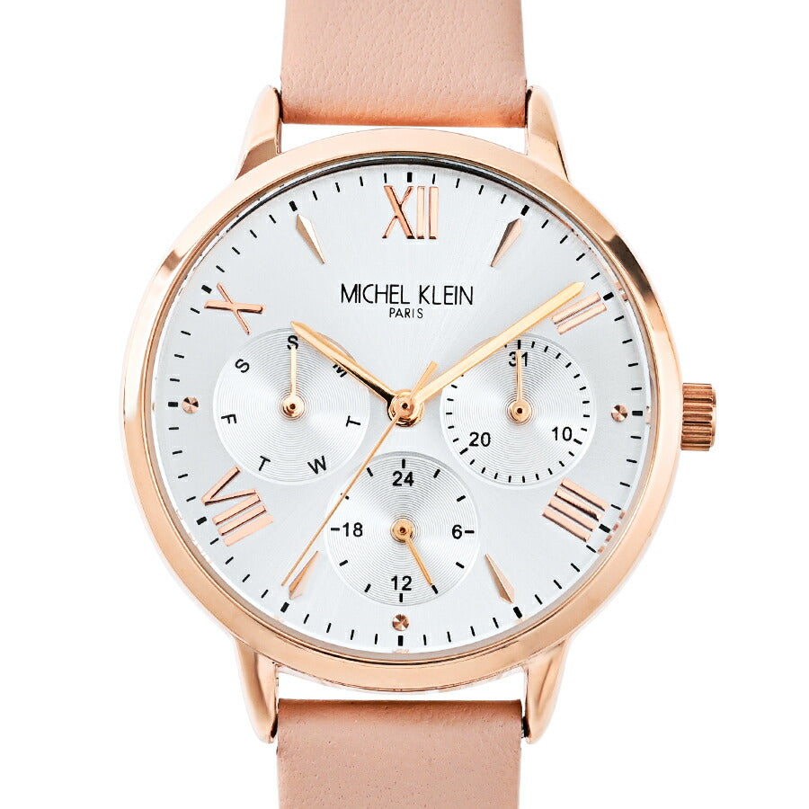 ミッシェルクラン マルチファンクション MK16034-SI レディース クオーツ 電池式 シルバーホワイトダイヤル ピンク 革ベルト