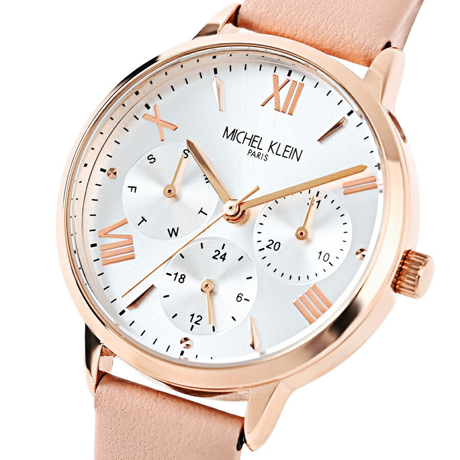 ミッシェルクラン マルチファンクション MK16034-SI レディース クオーツ 電池式 シルバーホワイトダイヤル ピンク 革ベルト