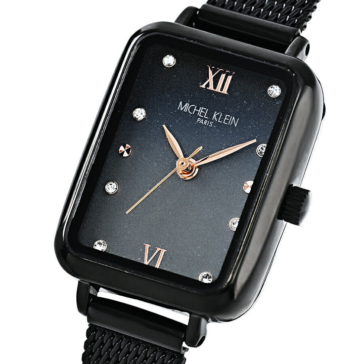 ミッシェルクラン 3針モデル MK16038-BK レディース クオーツ 電池式 レクタンギュラー ブラックダイヤル メッシュバンド