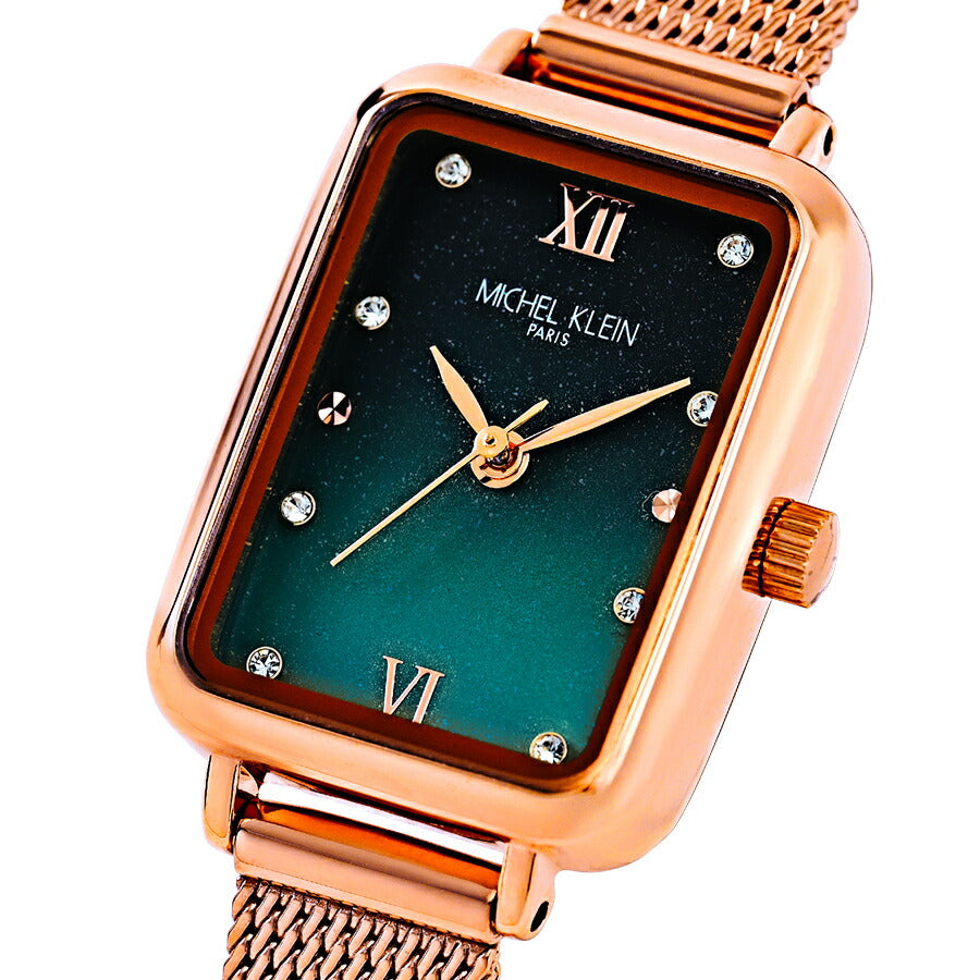 ミッシェルクラン 3針モデル MK16038-GR レディース クオーツ 電池式 レクタンギュラー グリーンダイヤル ゴールド メッシュバンド