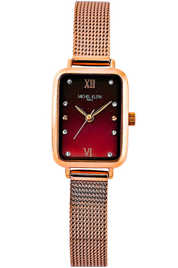 ミッシェルクラン 3針モデル MK16038-RE レディース クオーツ 電池式 レクタンギュラー レッドダイヤル ゴールド メッシュバンド