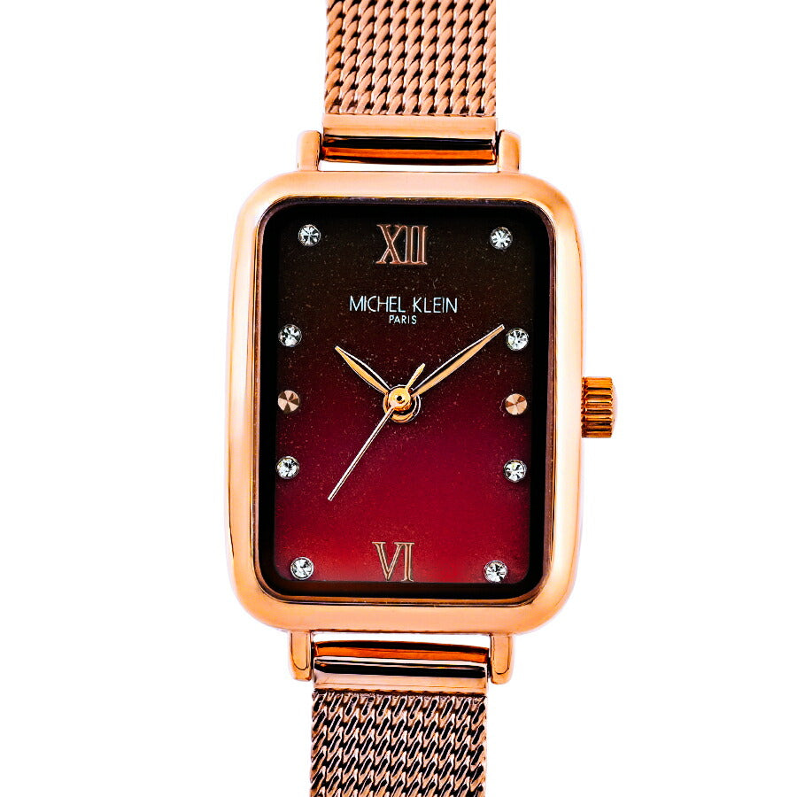ミッシェルクラン 3針モデル MK16038-RE レディース クオーツ 電池式 レクタンギュラー レッドダイヤル ゴールド メッシュバンド