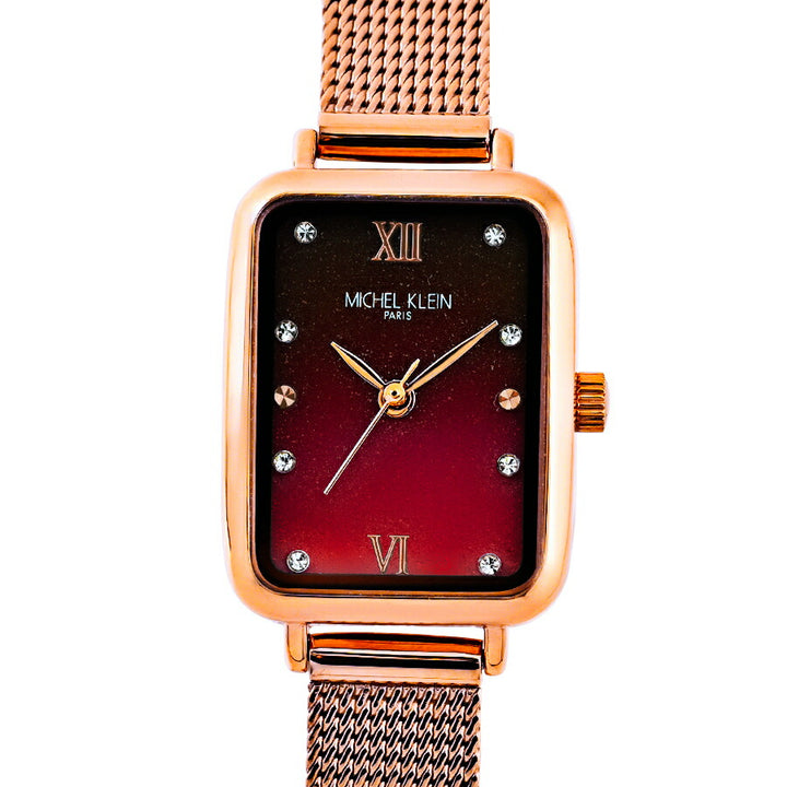 ミッシェルクラン 3針モデル MK16038-RE レディース クオーツ 電池式 レクタンギュラー レッドダイヤル ゴールド メッシュバンド