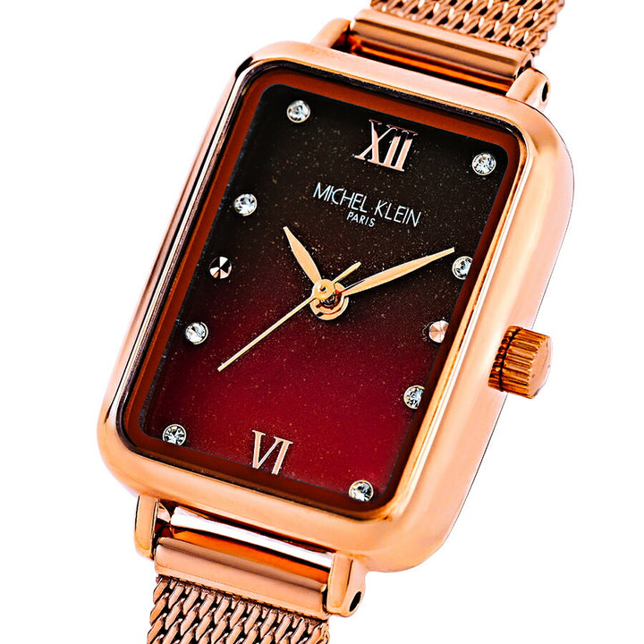 ミッシェルクラン 3針モデル MK16038-RE レディース クオーツ 電池式 レクタンギュラー レッドダイヤル ゴールド メッシュバンド