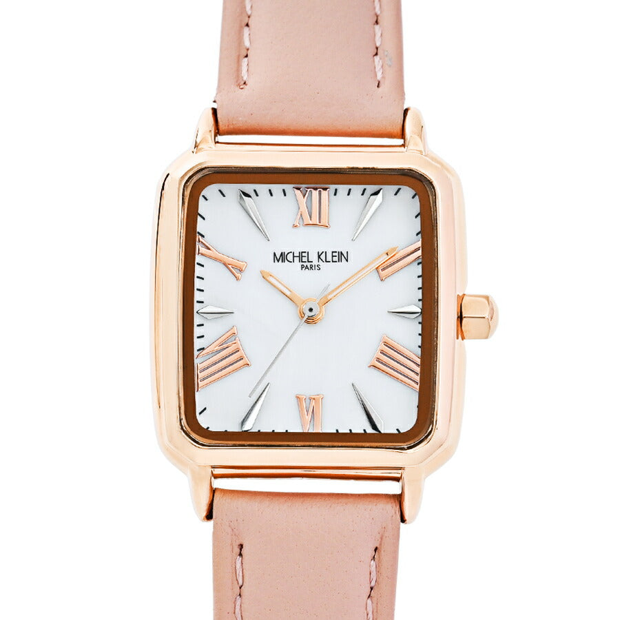 ミッシェルクラン 3針モデル MK16040-WH レディース クオーツ 電池式 スクエア シルバーホワイトダイヤル ピンク 革ベルト