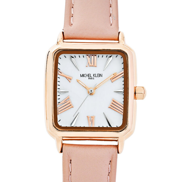 ミッシェルクラン 3針モデル MK16040-WH レディース クオーツ 電池式 スクエア シルバーホワイトダイヤル ピンク 革ベルト