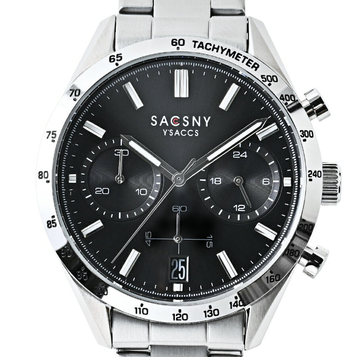 サクスニーイザック クオーツ クロノグラフ SY15219-BK メンズ 電池式 ブラックダイヤル メタルバンド