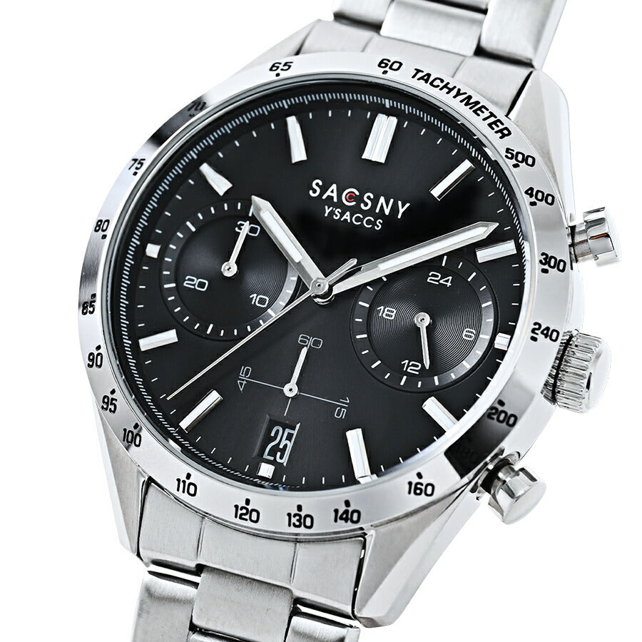 サクスニーイザック クオーツ クロノグラフ SY15219-BK メンズ 電池式 ブラックダイヤル メタルバンド