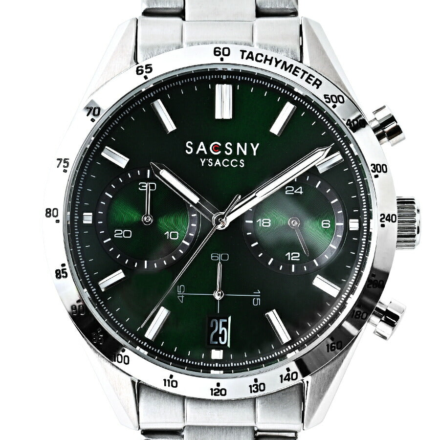 サクスニーイザック クオーツ クロノグラフ SY15219-GR メンズ 電池式 グリーンダイヤル メタルバンド