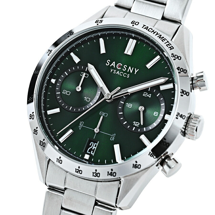 サクスニーイザック クオーツ クロノグラフ SY15219-GR メンズ 電池式 グリーンダイヤル メタルバンド