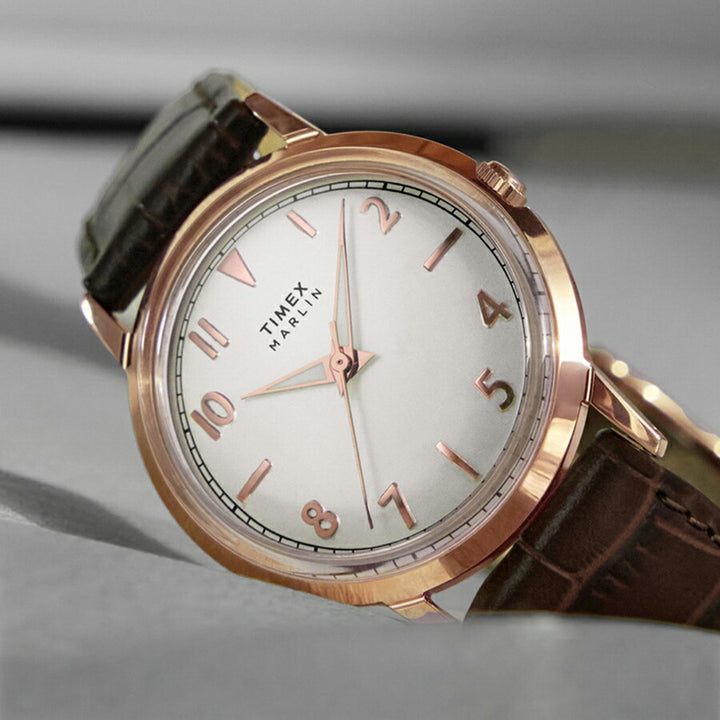 タイメックス Marlin マーリン 34mm TW2Y37700 メンズ レディース クオーツ 電池式 3針 シルバーダイヤル ブラウン 革ベルト