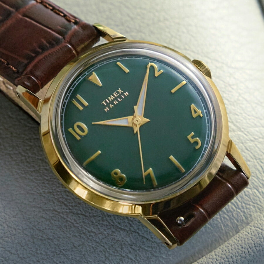 タイメックス Marlin マーリン 34mm TW2Y37800 メンズ レディース クオーツ 電池式 3針 グリーンダイヤル ブラウン 革ベルト