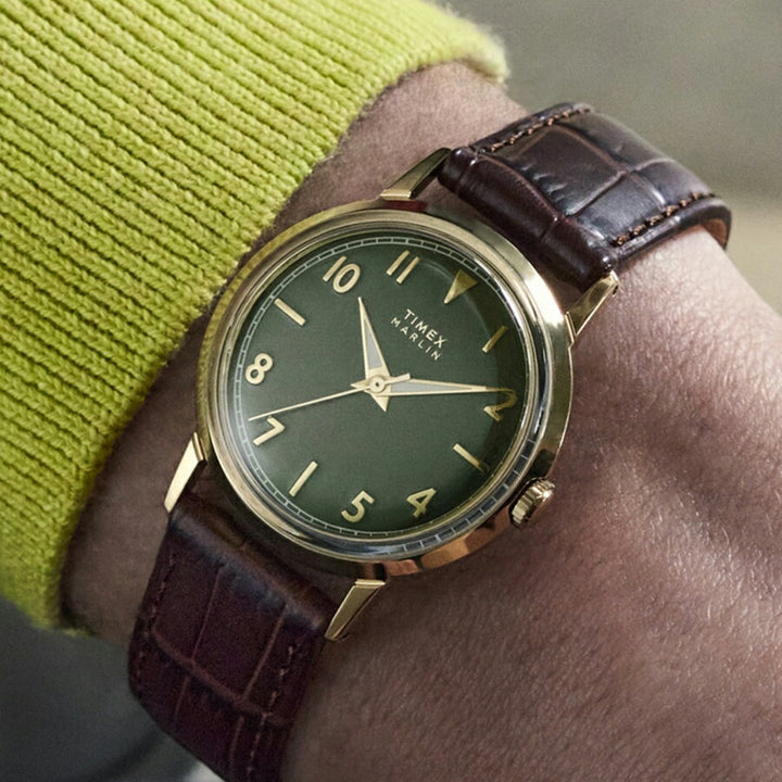 タイメックス Marlin マーリン 34mm TW2Y37800 メンズ レディース クオーツ 電池式 3針 グリーンダイヤル ブラウン 革ベルト