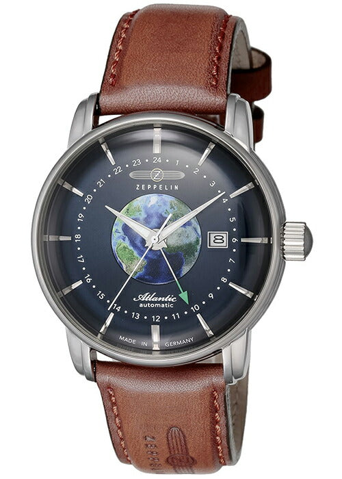 ツェッペリン ATLANTIC アトランティック GMT 8468-3 メンズ 腕時計 自動巻き 機械式 革ベルト ブループラネット 地球