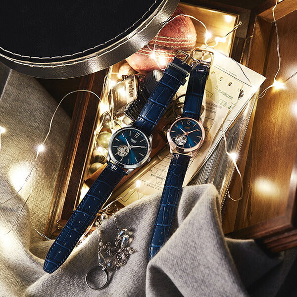 HENRY LONDON ヘンリーロンドン KNIGHTSBRIDGE ナイツブリッジ メカニカル ペアモデル HL34-AS-0458 レディース 腕時計 機械式 オープンハート 革ベルト ネイビー