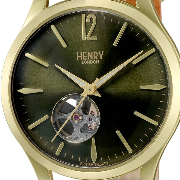 HENRY LONDON ヘンリーロンドン CHISWICK チズウィック メカニカル ペアモデル HL39-AS-0454 メンズ 腕時計 機械式 オープンハート グリーンダイヤル ブラウン 革ベルト