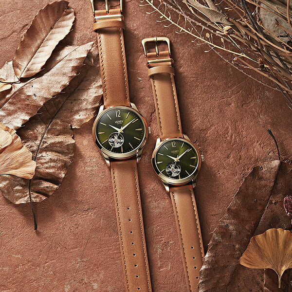 HENRY LONDON ヘンリーロンドン CHISWICK チズウィック メカニカル ペアモデル HL39-AS-0454 メンズ 腕時計 機械式 オープンハート グリーンダイヤル ブラウン 革ベルト