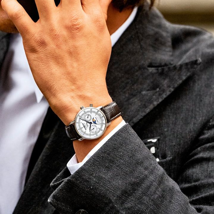 ツェッペリン 100周年記念シリーズ ムーンフェイズ 日本限定モデル 7635-1 メンズ 腕時計 クオーツ 電池式 ホワイトダイヤル ブラウン 革ベルト