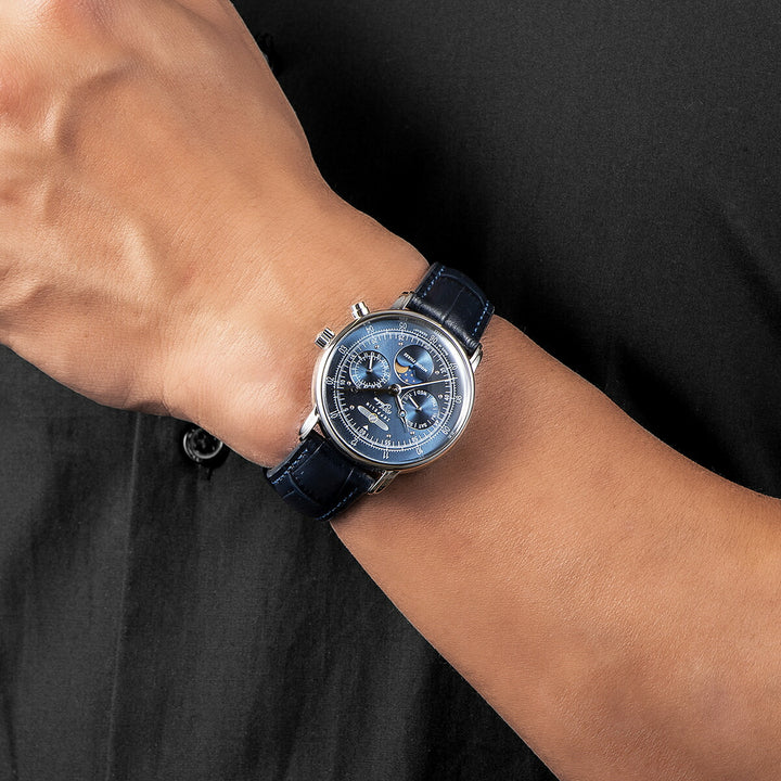 ツェッペリン 100周年記念シリーズ ムーンフェイズ 日本限定モデル 7635-3 メンズ 腕時計 クオーツ 電池式 革ベルト ブルー