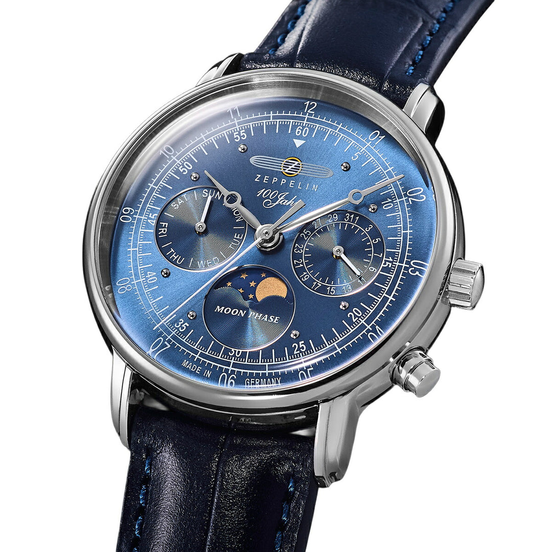 ツェッペリン 100周年記念シリーズ ムーンフェイズ 日本限定モデル 7635-3 メンズ 腕時計 クオーツ 電池式 革ベルト ブルー