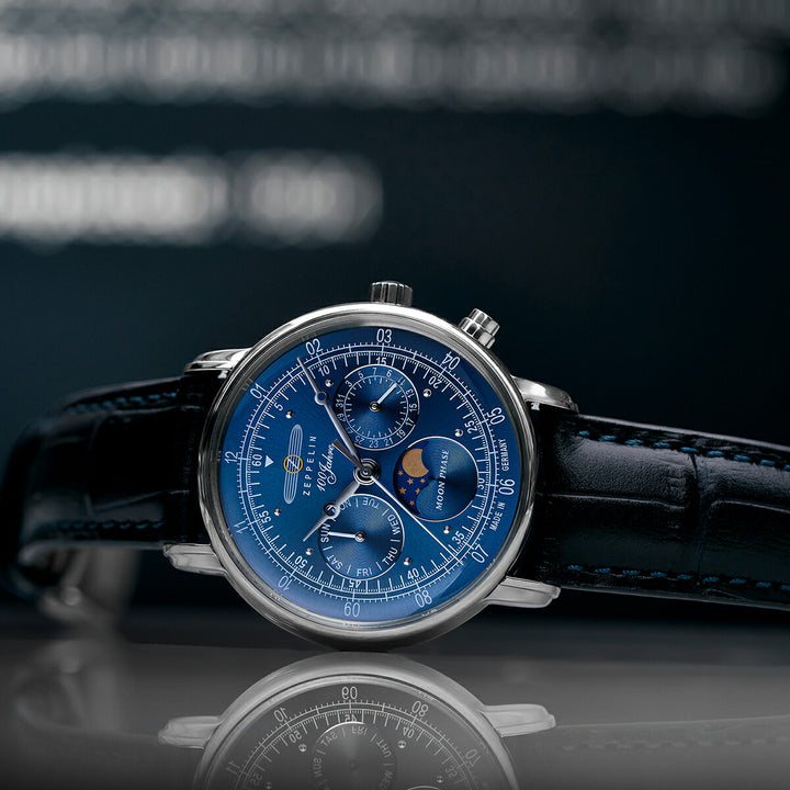 ツェッペリン 100周年記念シリーズ ムーンフェイズ 日本限定モデル 7635-3 メンズ 腕時計 クオーツ 電池式 革ベルト ブルー