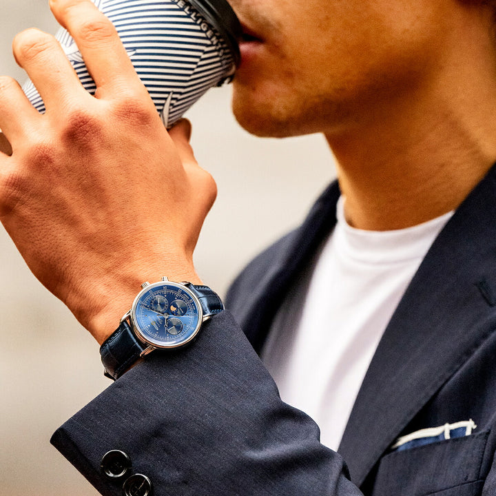 ツェッペリン 100周年記念シリーズ ムーンフェイズ 日本限定モデル 7635-3 メンズ 腕時計 クオーツ 電池式 革ベルト ブルー