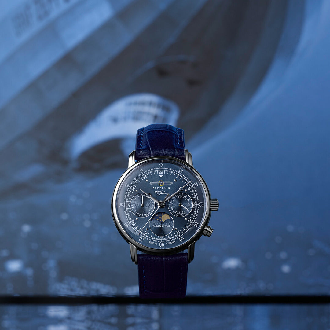 ツェッペリン 100周年記念シリーズ ムーンフェイズ 日本限定モデル 7635-3 メンズ 腕時計 クオーツ 電池式 革ベルト ブルー