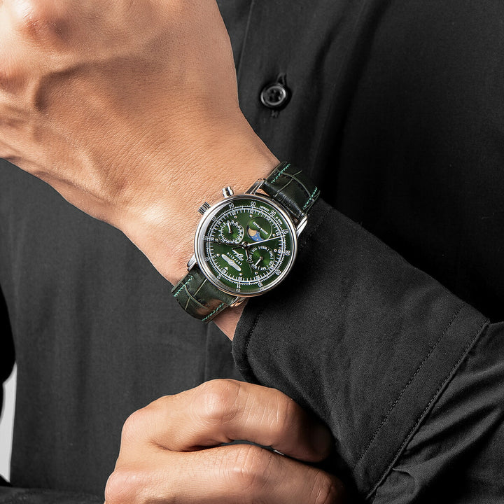 ツェッペリン 100周年記念シリーズ ムーンフェイズ 日本限定モデル 7635-4 メンズ 腕時計 クオーツ 電池式 革ベルト グリーン
