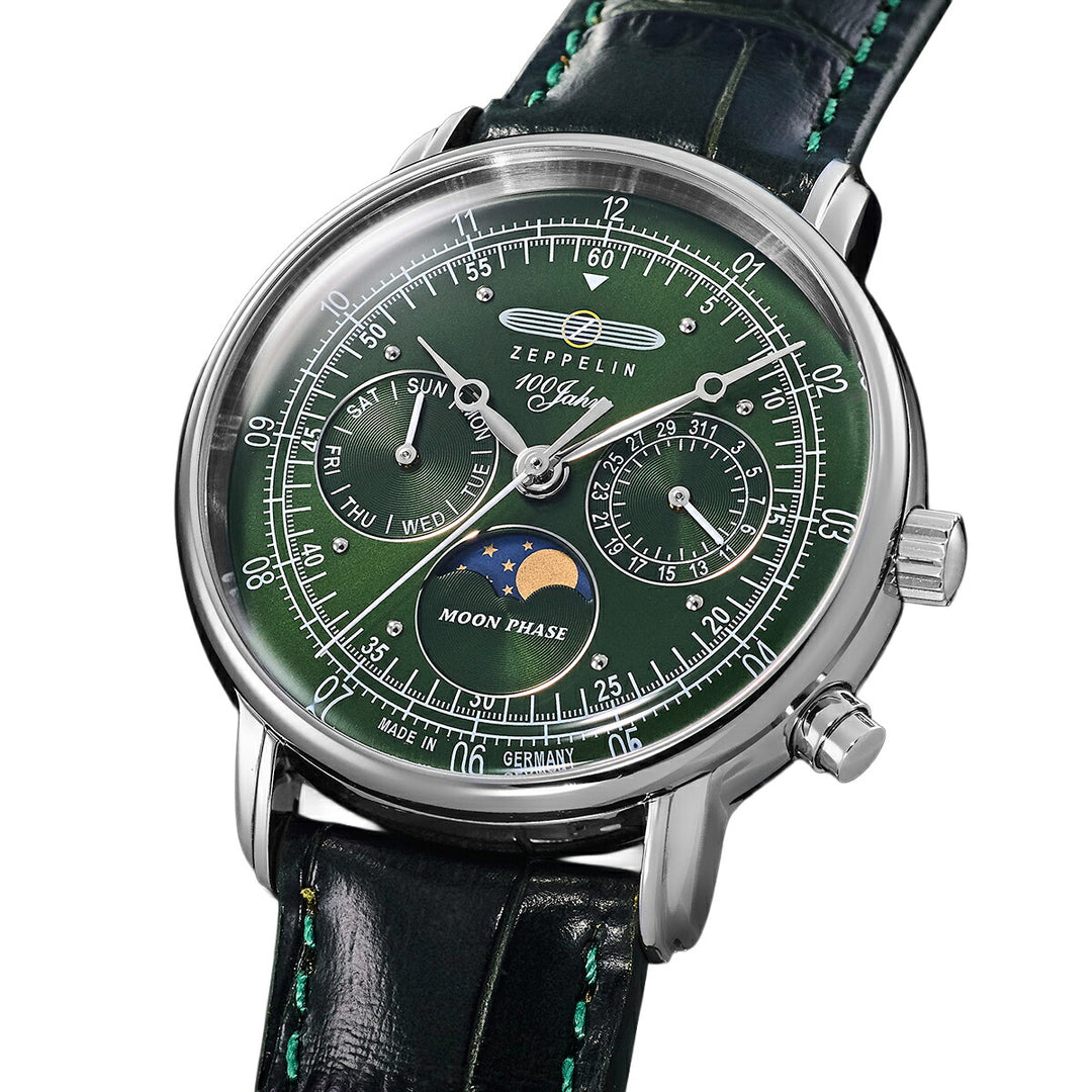 ツェッペリン 100周年記念シリーズ ムーンフェイズ 日本限定モデル 7635-4 メンズ 腕時計 クオーツ 電池式 革ベルト グリーン