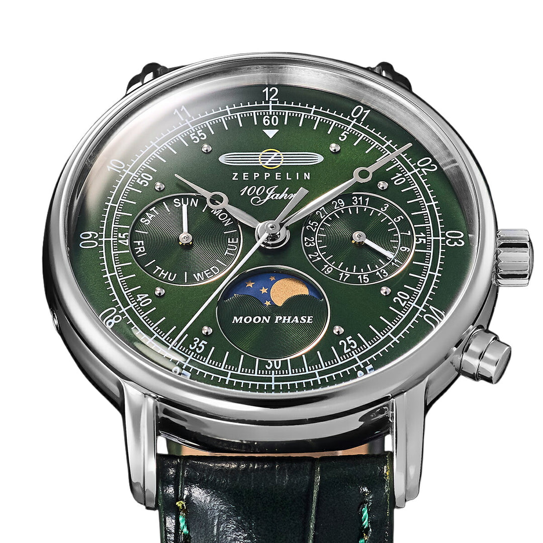 ツェッペリン 100周年記念シリーズ ムーンフェイズ 日本限定モデル 7635-4 メンズ 腕時計 クオーツ 電池式 革ベルト グリーン