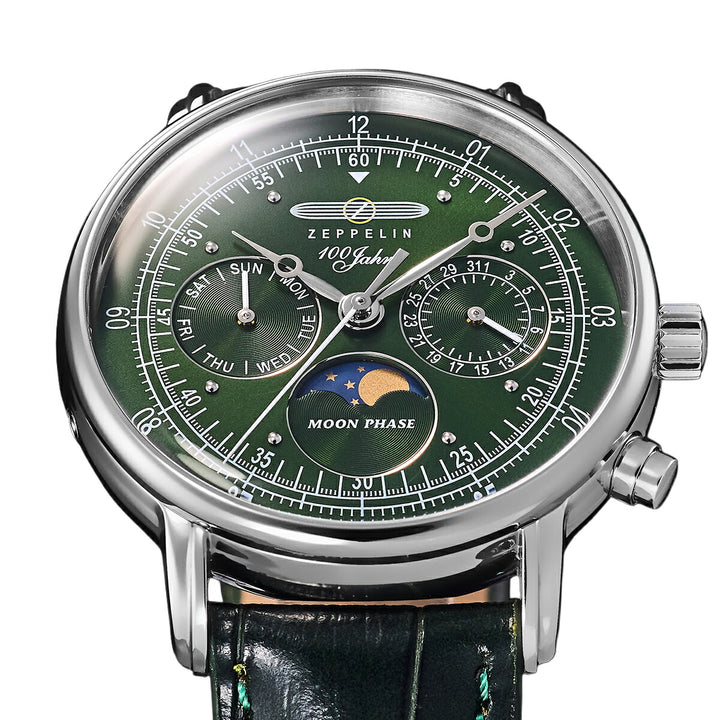 ツェッペリン 100周年記念シリーズ ムーンフェイズ 日本限定モデル 7635-4 メンズ 腕時計 クオーツ 電池式 革ベルト グリーン