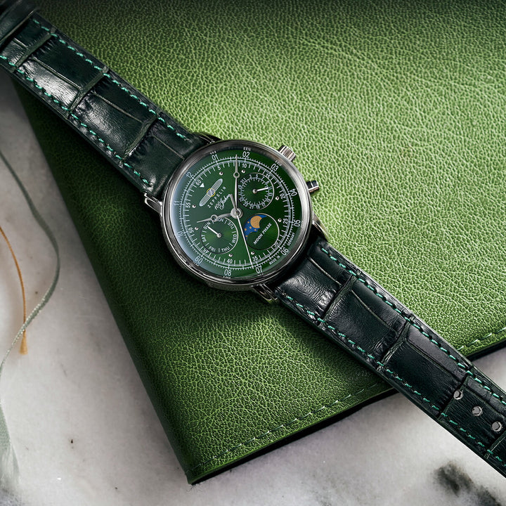 ツェッペリン 100周年記念シリーズ ムーンフェイズ 日本限定モデル 7635-4 メンズ 腕時計 クオーツ 電池式 革ベルト グリーン