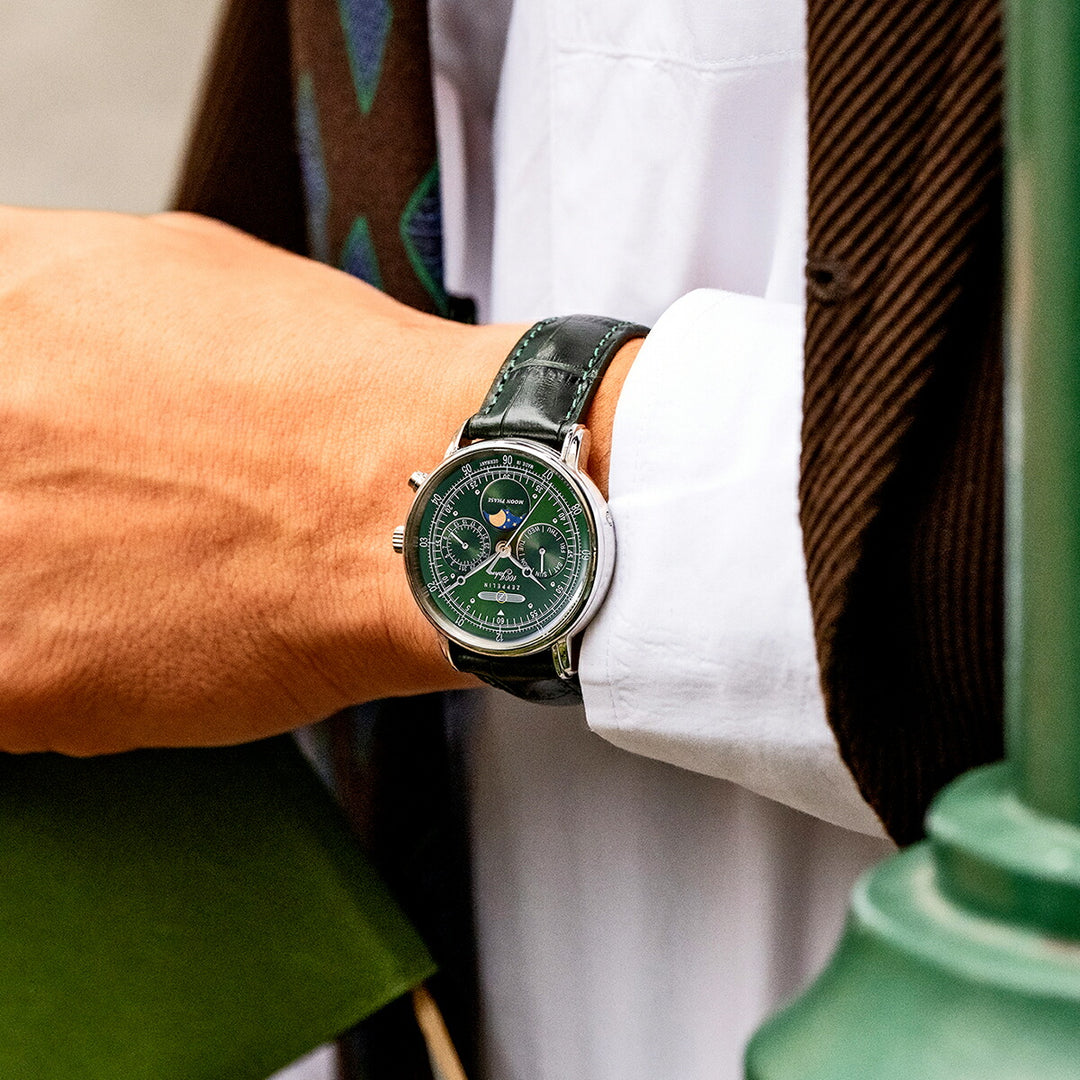 ツェッペリン 100周年記念シリーズ ムーンフェイズ 日本限定モデル 7635-4 メンズ 腕時計 クオーツ 電池式 革ベルト グリーン