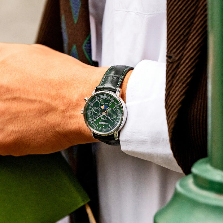 ツェッペリン 100周年記念シリーズ ムーンフェイズ 日本限定モデル 7635-4 メンズ 腕時計 クオーツ 電池式 革ベルト グリーン